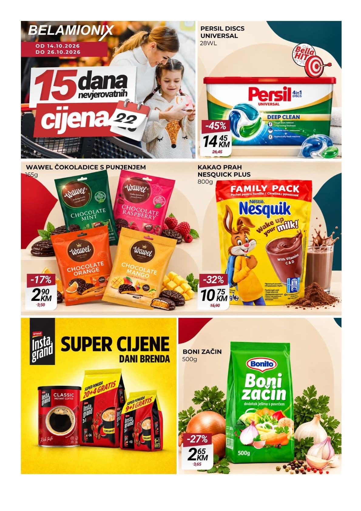 Belamionix Akcija 14.10.-26.10.2026 - Stranica 1 Belamionix katalog letak - Belamionix Katalog Akcija od 14.10 do 26.10.2026 (14.10.-26.10.2026) - Stranica 1 - Belamionix akcijski katalog sa popustima na Persil deterdžent, Wawel čokolade, Nesquik kakao i Boni začin.