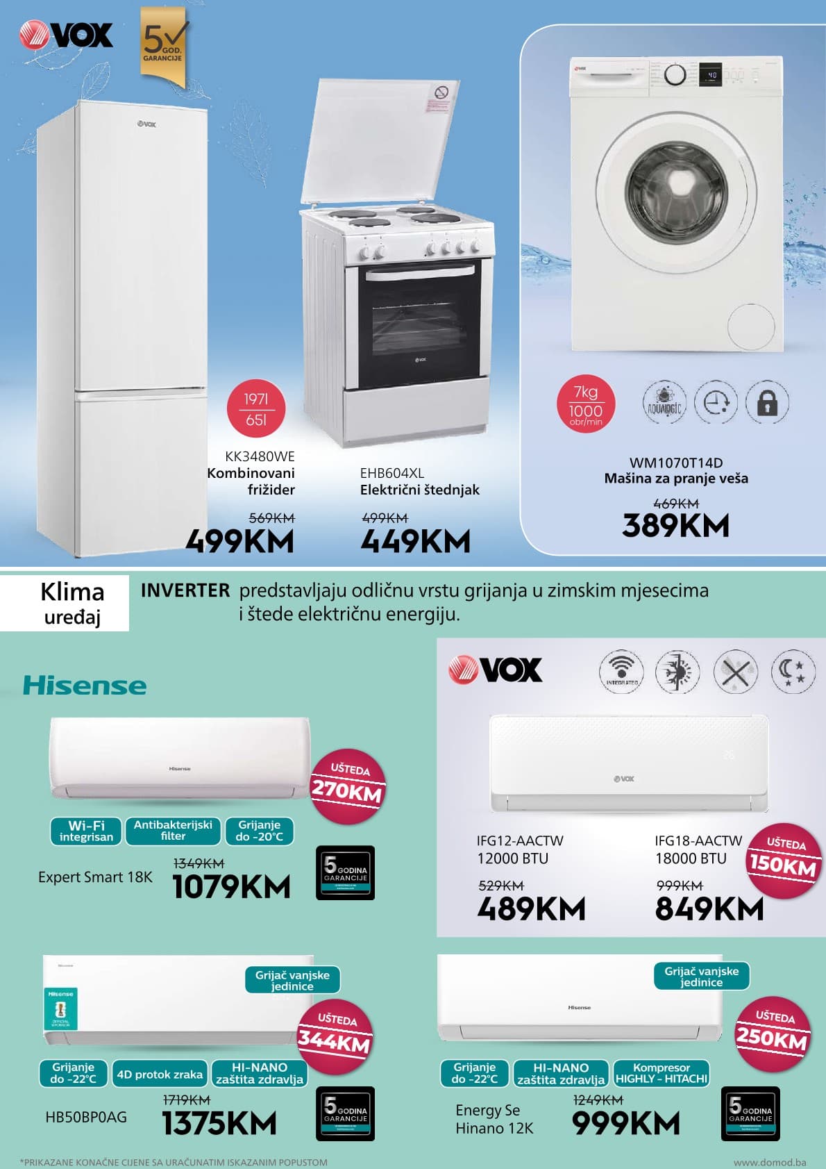Domod Akcija 09.10.-25.10.2026 - Stranica 5 Domod katalog letak - Domod Katalog Akcija od 09.10. do 25.10. (09.10.-25.10.2026) - Stranica 5 - Katalog bijele tehnike i klima uređaja brendova VOX i Hisense na akciji sa popustima
