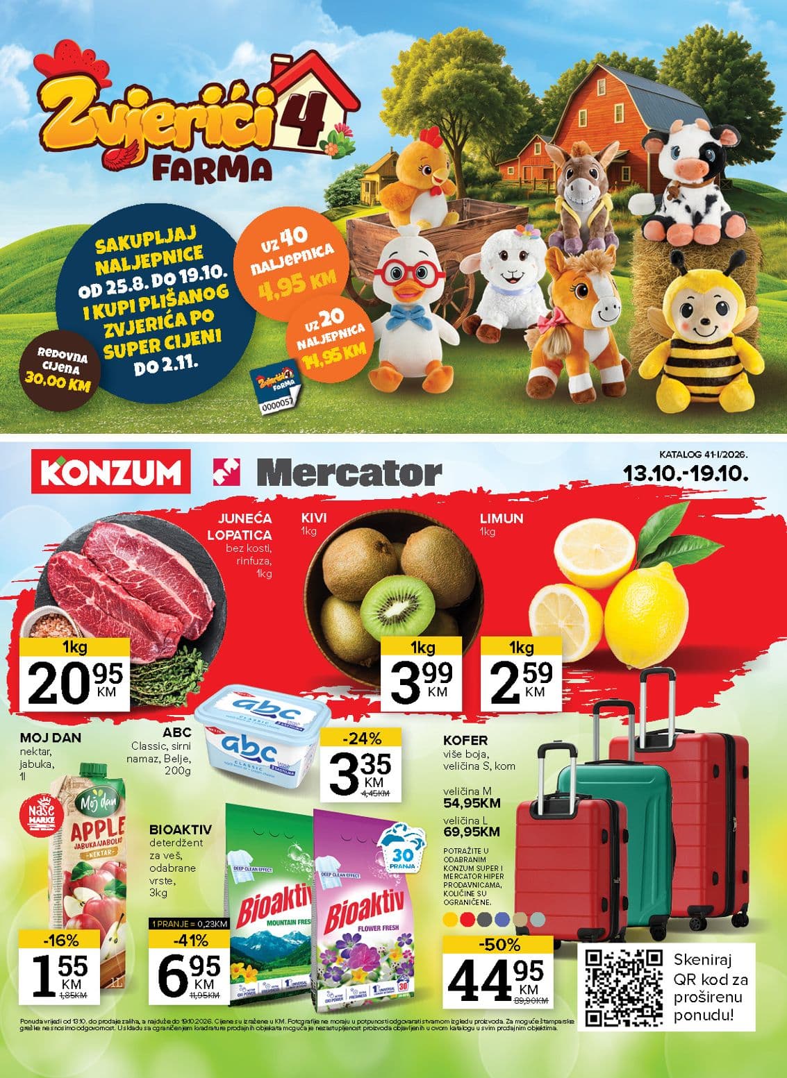Konzum Akcija 13.10.-19.10.2026 - Stranica 1 Konzum katalog letak - Konzum Akcija Katalog od 13.10 do 19.10.2026 (13.10.-19.10.2026) - Stranica 1 - Konzum i Mercator katalog sa akcijskim ponudama svježeg mesa, voća, deterdženata i putnih kofera.