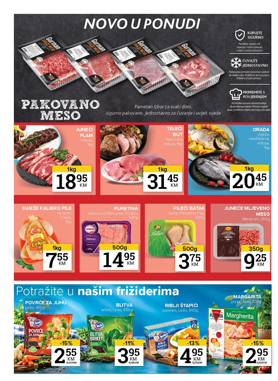 Konzum Akcija 13.10.-19.10.2026 - Stranica 4 Konzum katalog letak - Konzum Akcija Katalog od 13.10 do 19.10.2026 (13.10.-19.10.2026) - Stranica 4 - Katalog akcija svježeg mesa, ribe i smrznute hrane brendova Cekin, Ledo i Jami.
