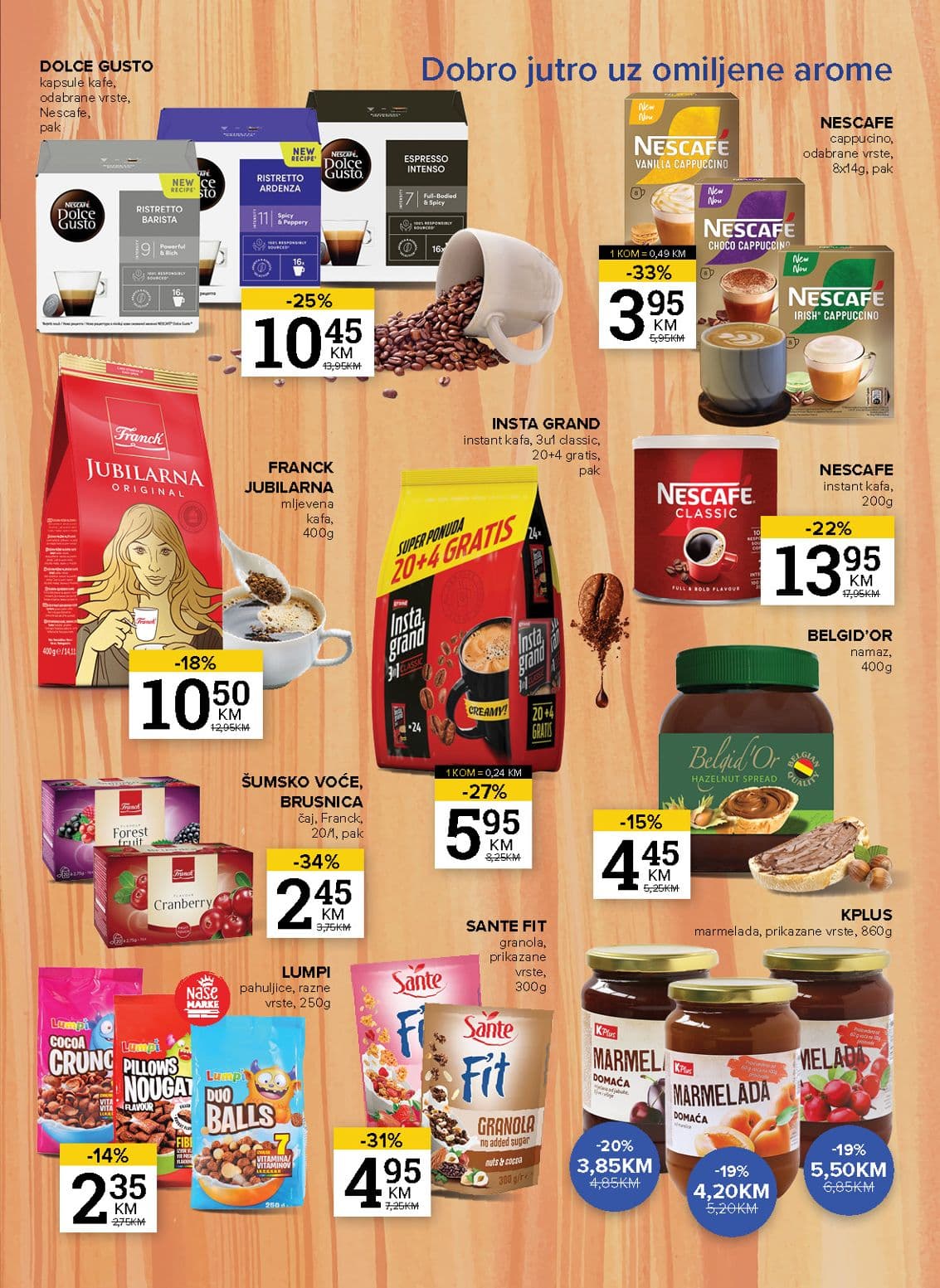 Konzum Akcija 13.10.-19.10.2026 - Stranica 9 Konzum katalog letak - Konzum Akcija Katalog od 13.10 do 19.10.2026 (13.10.-19.10.2026) - Stranica 9 - Katalog prehrambenih proizvoda na akciji uključujući kafu, čajeve, pahuljice i marmelade poznatih brendova.