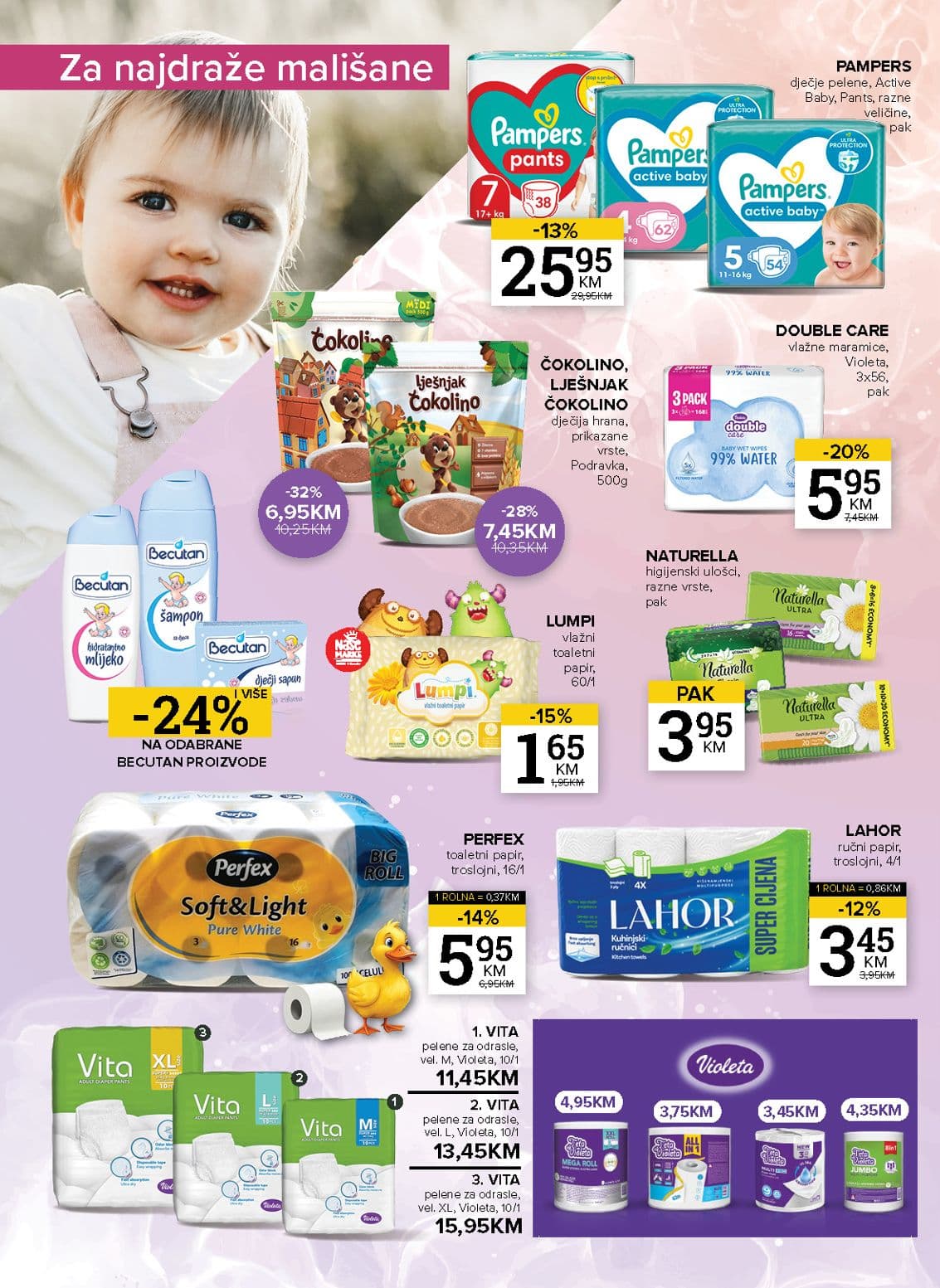 Konzum Akcija 13.10.-19.10.2026 - Stranica 14 Konzum katalog letak - Konzum Akcija Katalog od 13.10 do 19.10.2026 (13.10.-19.10.2026) - Stranica 14 - Katalog proizvoda za njegu beba, higijenu i papirnu konfekciju brendova Pampers, Violeta i Podravka.