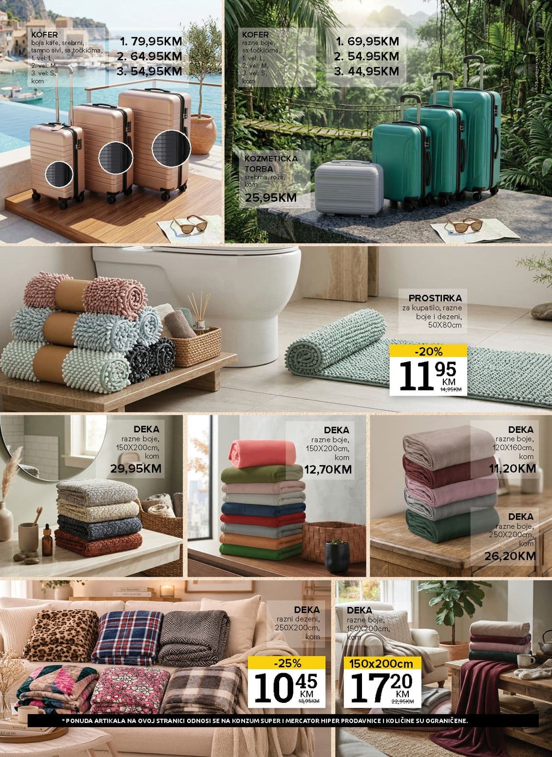 Konzum Akcija 13.10.-19.10.2026 - Stranica 20 Konzum katalog letak - Konzum Akcija Katalog od 13.10 do 19.10.2026 (13.10.-19.10.2026) - Stranica 20 - Kataloška ponuda putnih kofera, kozmetičkih torbi, kupatilskih prostirki i mekih deka na popustu.