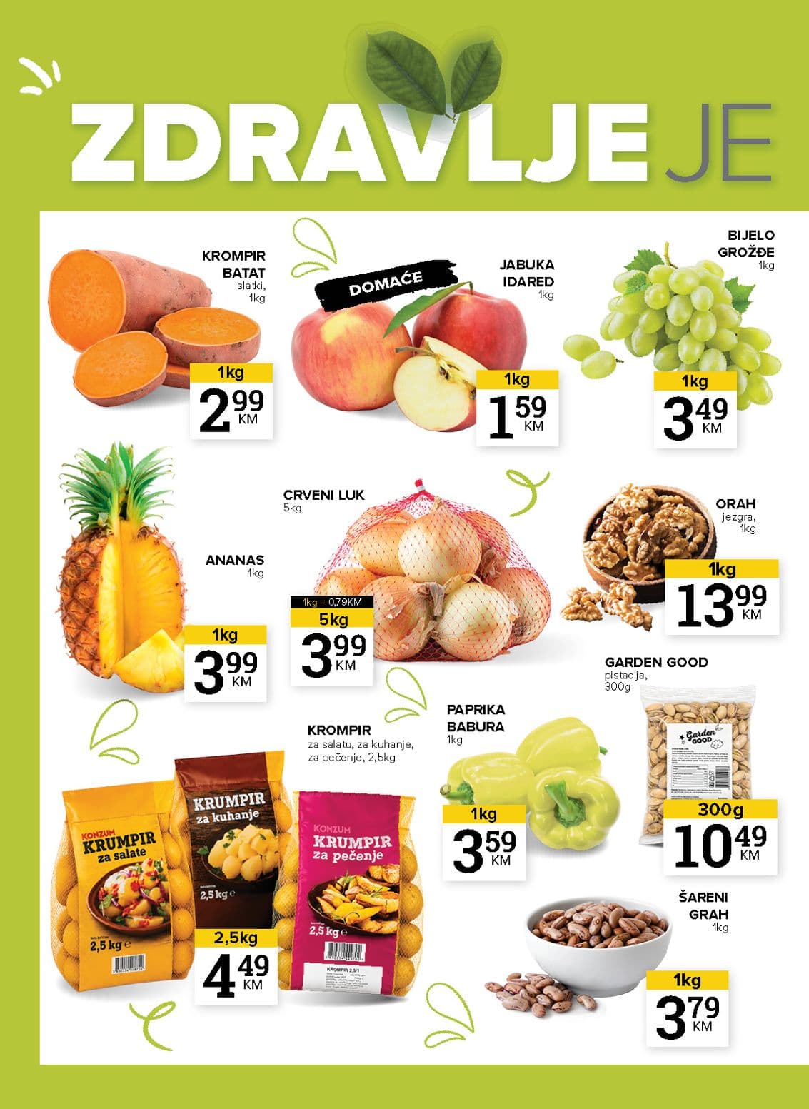 Konzum Akcija 13.10.-19.10.2026 - Stranica 2 Konzum katalog letak - Konzum Akcija Katalog od 13.10 do 19.10.2026 (13.10.-19.10.2026) - Stranica 2 - Katalog svježeg voća, povrća i orašastih plodova sa ponudom jabuka, grožđa, krumpira i ananasa.