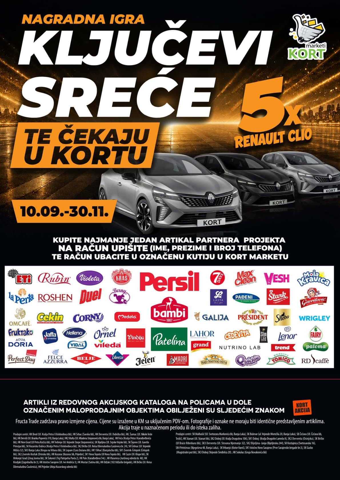 Kort Akcija 09.10.-28.10.2026 - Stranica 24 Kort katalog letak - Kort Katalog Akcija od 09.10. do 28.10.2026 (09.10.-28.10.2026) - Stranica 24 - Promotivni plakat za nagradnu igru Kort marketi sa partner brendovima i nagradama Renault Clio.