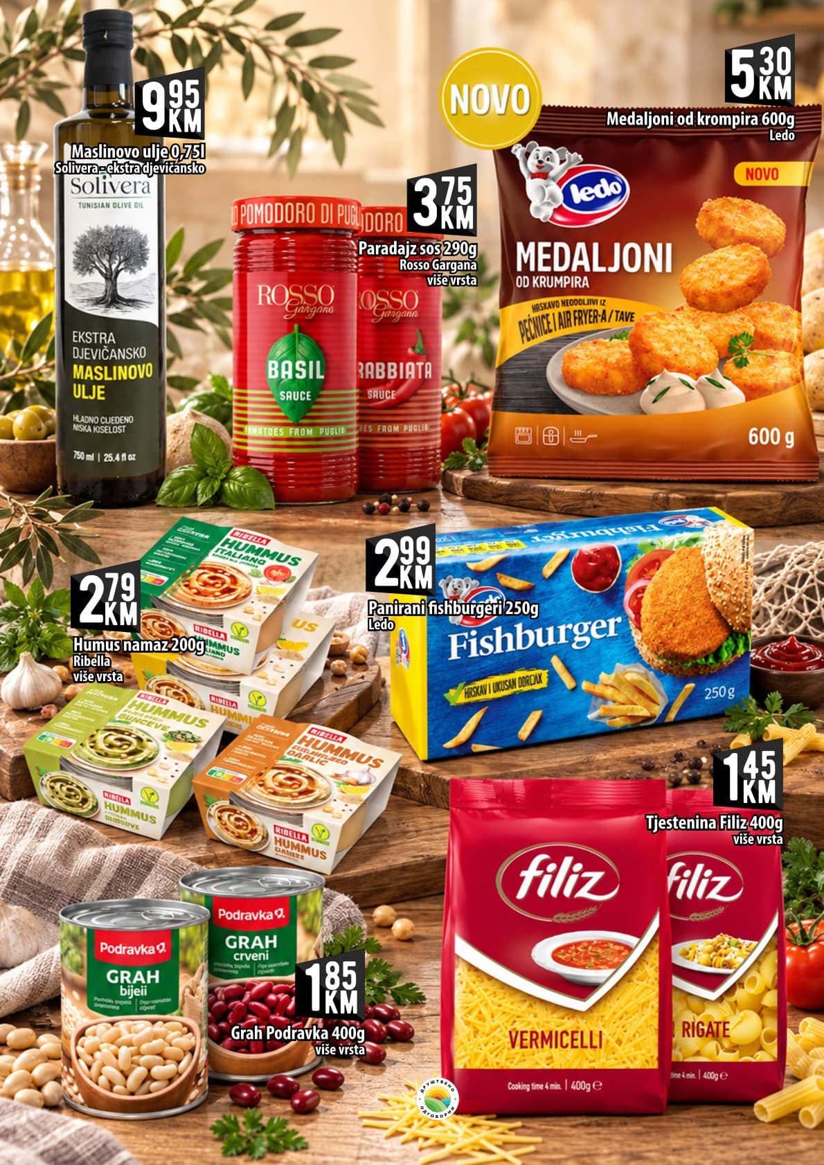 Kort Akcija 09.10.-28.10.2026 - Stranica 7 Kort katalog letak - Kort Katalog Akcija od 09.10. do 28.10.2026 (09.10.-28.10.2026) - Stranica 7 - Kataloška ponuda prehrambenih proizvoda sa maslinovim uljem, Ledo smrznutom hranom, Podravka grahom i Filiz tjesteninom.
