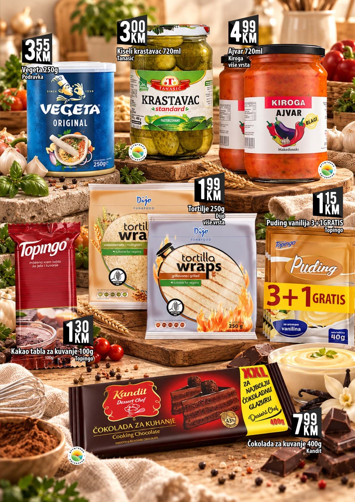 Kort Akcija 09.10.-28.10.2026 - Stranica 9 Kort katalog letak - Kort Katalog Akcija od 09.10. do 28.10.2026 (09.10.-28.10.2026) - Stranica 9 - Kataloška ponuda prehrambenih proizvoda sa cijenama: Vegeta, krastavci, ajvar, tortilje, puding i čokolade za kuvanje.
