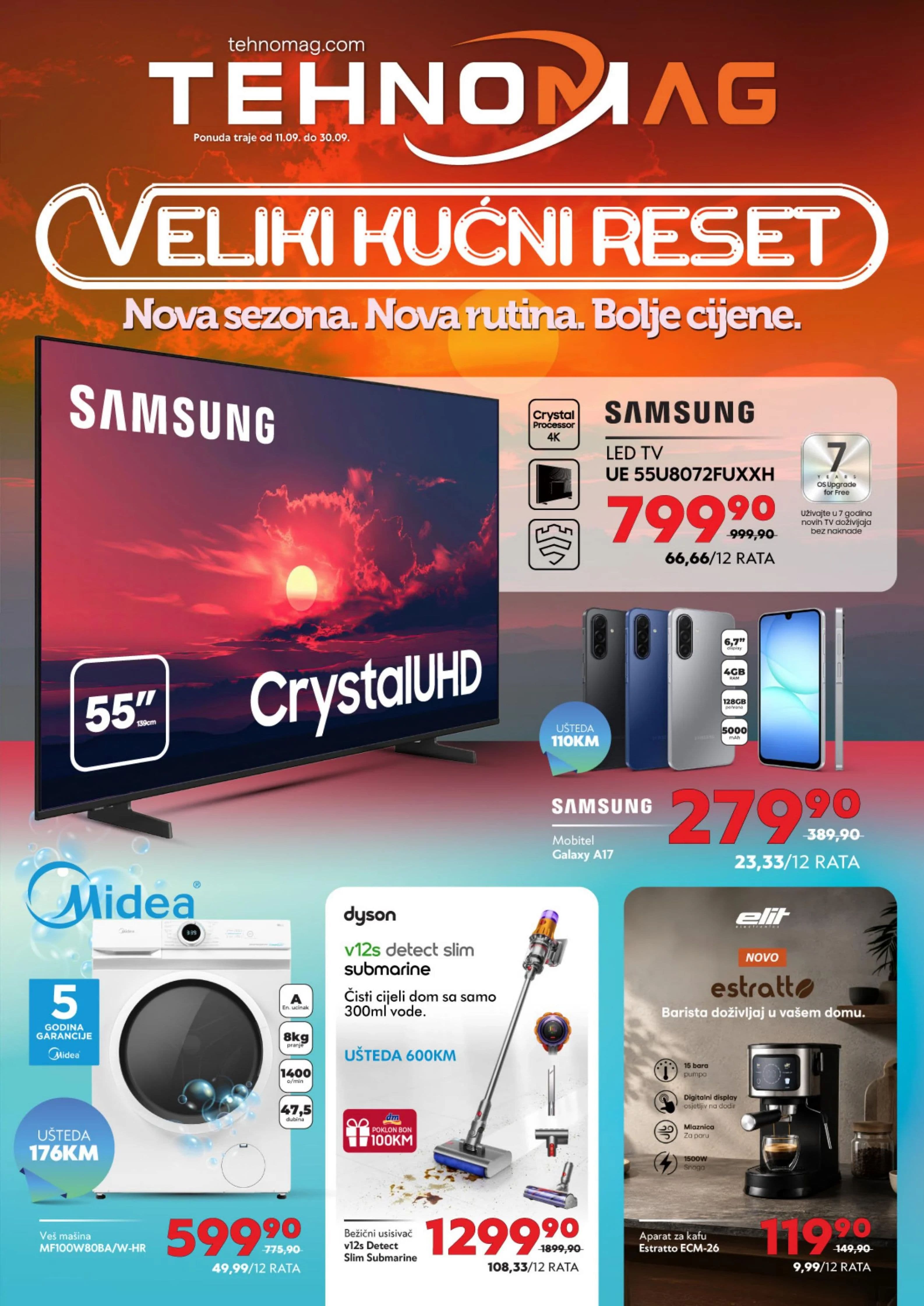 TehnoMag Akcija 11.09.-15.10.2026 - Stranica 1 TehnoMag katalog letak - TehnoMag Katalog Akcija od 11.09. do 15.10.2026 (11.09.-15.10.2026) - Stranica 1 - Katalog Tehnomag sa akcijom 'Veliki kućni reset' koja sadrži ponudu televizora, pametnih telefona, veš mašina, bežičnih usisivača i aparata za kafu.