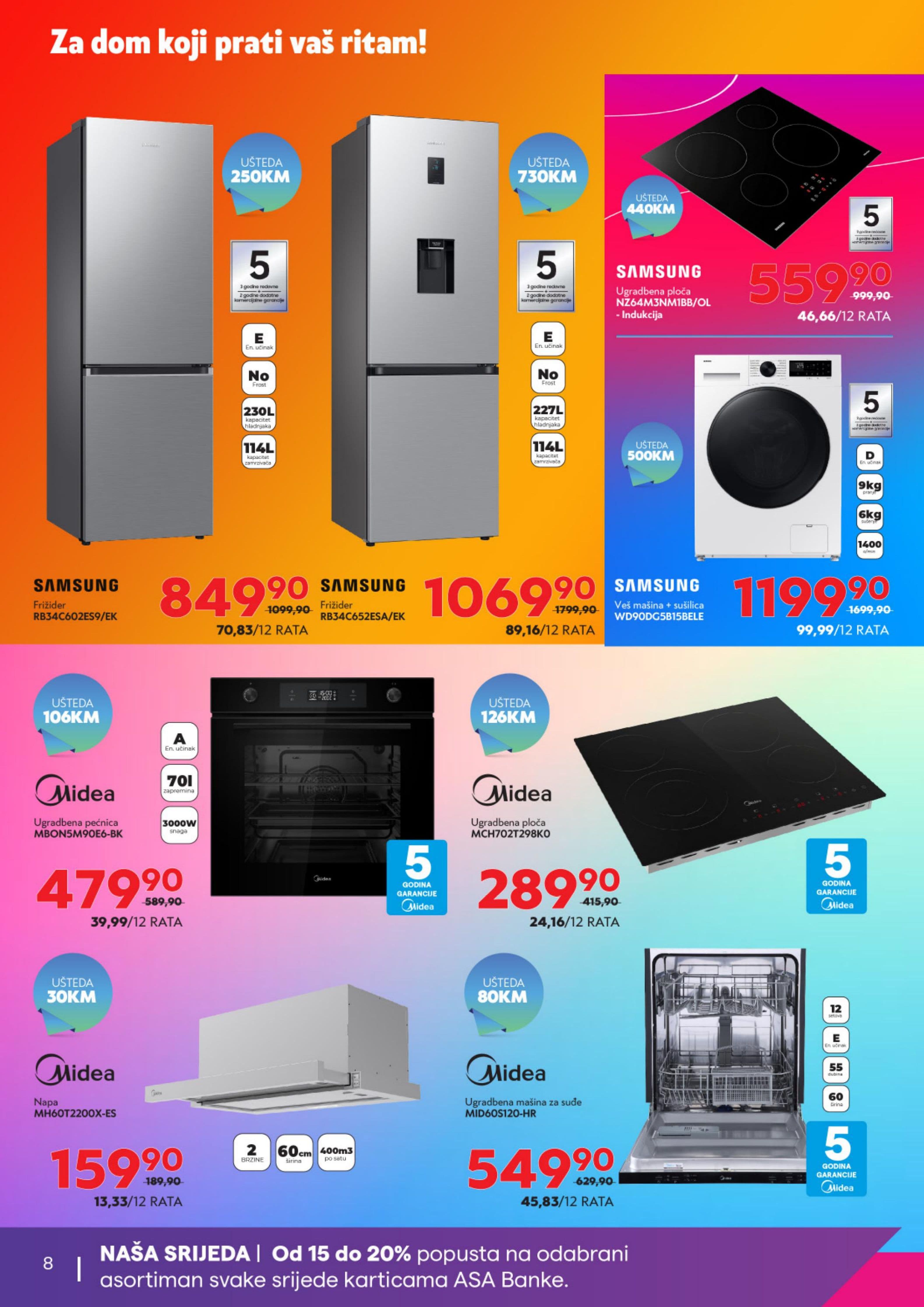 TehnoMag Akcija 11.09.-15.10.2026 - Stranica 8 TehnoMag katalog letak - TehnoMag Katalog Akcija od 11.09. do 15.10.2026 (11.09.-15.10.2026) - Stranica 8 - Katalog bijele tehnike Samsung i Midea sa ponudom frižidera, ugradbenih ploča, veš mašina, pećnica i napa.