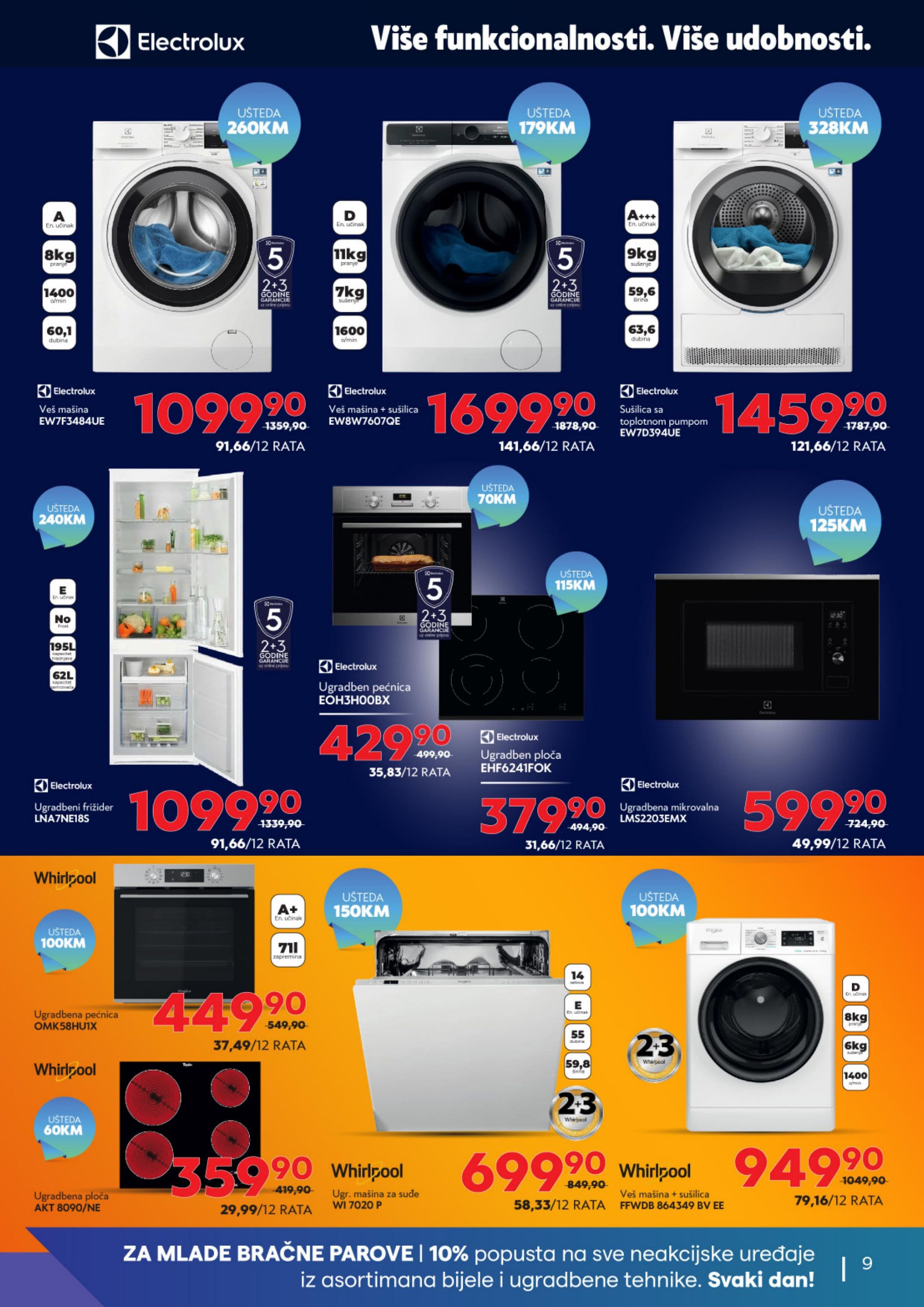TehnoMag Akcija 11.09.-15.10.2026 - Stranica 9 TehnoMag katalog letak - TehnoMag Katalog Akcija od 11.09. do 15.10.2026 (11.09.-15.10.2026) - Stranica 9 - Katalog bijele tehnike brendova Electrolux i Whirlpool sa mašinama za veš, sušilicama, frižiderima, ugradbenim pećnicama i pločama.