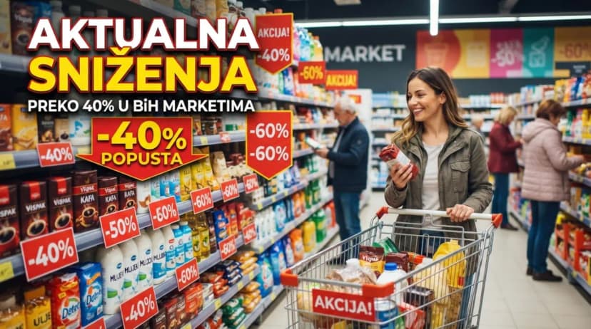 Nasmijana žena gura kolica za kupovinu u supermarketu okružena policama s proizvodima. Na policama su istaknute brojne crvene oznake za popuste od -40%, -50% i -60% te natpisi "Akcija!". Preko slike se nalazi veliki tekst koji glasi: "AKTUALNA SNIŽENJA PREKO 40% U BiH MARKETIMA"