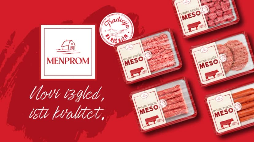 Promotivni vizual kompanije Menprom na crvenoj pozadini sa sloganom "Novi izgled, isti kvalitet". Prikazuje pet redizajniranih pakovanja iz linije "Uvijek svježe meso": mljeveno meso, juneće kocke, hamburgere, ćevape i sudžukice.
